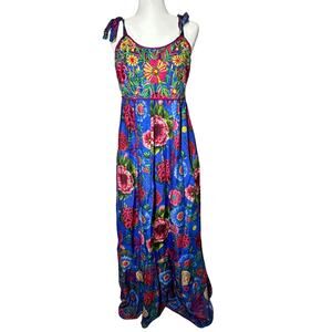 ANTHROPOLOGIE Payal Jain Floral 
Embroidered Cirque Maxi Dress Silk Blue Size 10